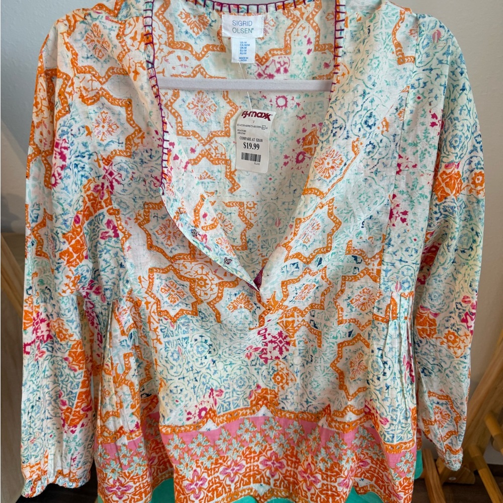 Sigrid Olsen Green Graphic Notched Collar Blouse
